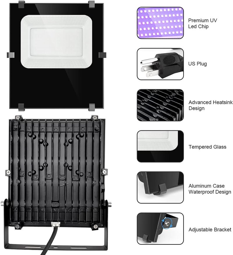 Waygor 300W Black Lights Outdoor, Commercial High Power LED Black Light Flood Lights IP66 Waterproof Blacklight FloodLight 395nm Black Light Spotlight for Glow Party Large Space, Halloween (2 Pack) - Image 5